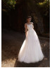 Long Sleeves Beaded White Tulle 3D Flowers Wedding Dress